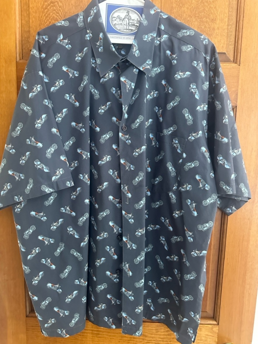 Motorcycle-Print Black Short-Sleeve Button-Down Shirt